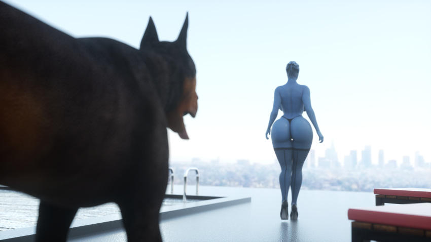 16:9 3d_(artwork) alien asari big_butt blender_(software) blue_body blue_skin butt canid canine canis clothing digital_media_(artwork) domestic_dog duo feral hi_res huge_butt humanoid icedev legwear liara_t'soni mammal mass_effect not_furry_focus thigh_highs thong underwear video_games