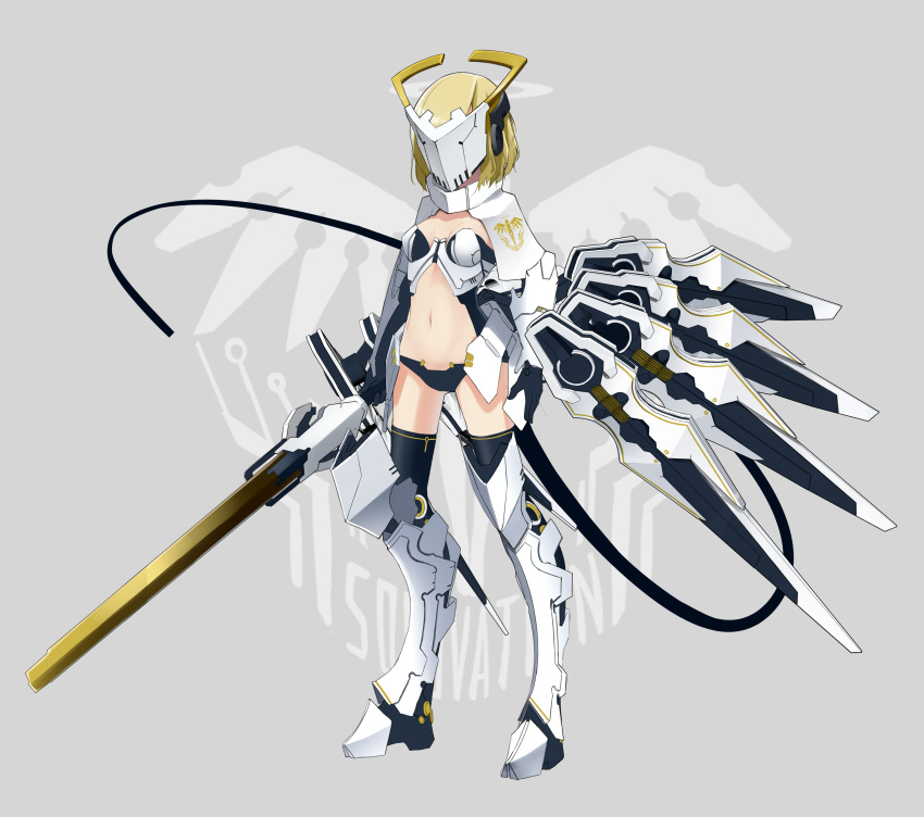 1girl absurdres ass_visible_through_thighs black_gloves black_legwear black_panties blonde_hair breasts commentary_request facing_viewer full_body gloves grey_background headgear highres holding holding_sword holding_weapon makadamixa mask mecha_musume navel original panties short_hair small_breasts solo standing sword thighhighs underwear weapon