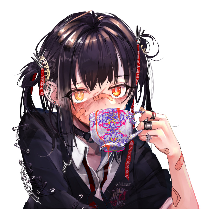 1girl bandaid bandaid_on_arm bandaid_on_face bandaid_on_hand bangs black_hair blood chain coat_of_arms collar collared_shirt cup ear_piercing earrings english_commentary facial_scar hair_intakes hair_ornament hair_ribbon heterochromia highres holding jacket jewelry looking_at_viewer loose_necktie multiple_earrings multiple_rings necktie original piercing red_eyes ribbon safety_pin scar shirt sipping solo spikes stud_earrings teacup tokikosann translation_request transparent_background upper_body yellow_eyes