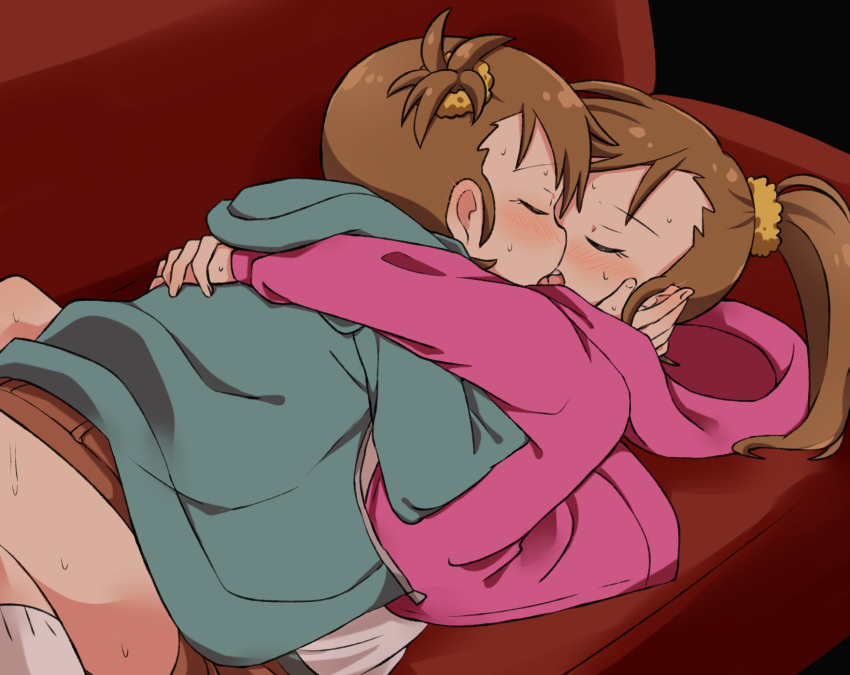 blush brown_hair closed_eyes couch ear_blush french_kiss futami_ami futami_mami girl_on_top highres hood hoodie hug idolmaster idolmaster_(classic) incest kiss long_hair long_sleeves lying miiii on_back on_couch open_mouth short_hair siblings side_ponytail sisters sweat tongue twincest twins yuri