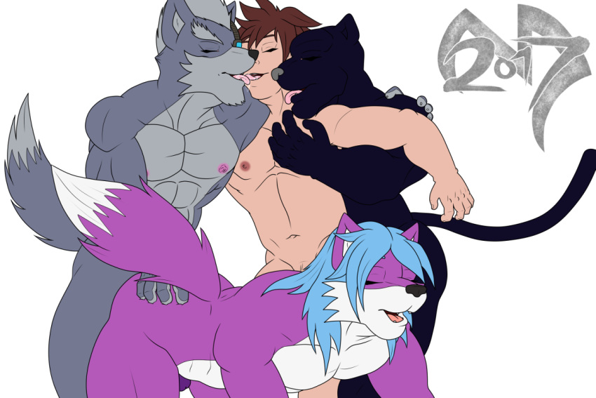 anthro black_body black_fur canid canine canis crimsonmercury7192 felid foursome fur grey_body grey_fur group group_sex human kissing male male/male mammal muscular muscular_male nintendo panther_caroso pantherine purple_body purple_fur sex star_fox video_games wolf wolf_o'donnell