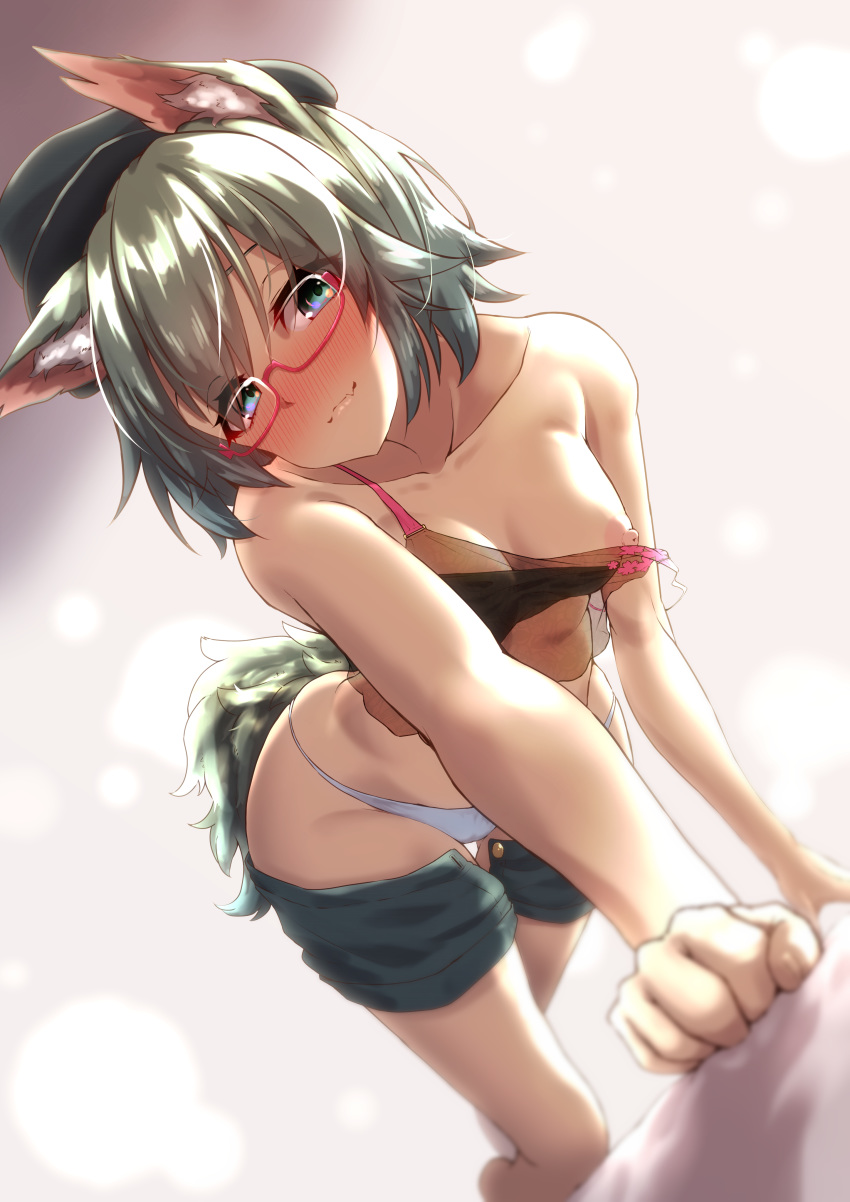 1girl absurdres all_fours animal_ear_fluff animal_ears bare_shoulders blush breasts camisole commission dutch_angle fang foreshortening glasses green_hair hat highres looking_at_viewer medium_breasts nipple_slip nipples nose_blush off_shoulder open_fly panties red-framed_eyewear sarujie_(broken_monky) semi-rimless_eyewear short_shorts shorts shorts_pull skin_fang smile solo strap_gap tail under-rim_eyewear underwear vrchat white_panties