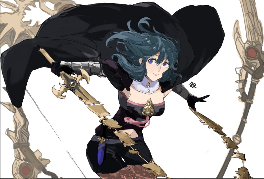 1girl armor axe black_shorts blue_eyes blue_hair bow_(weapon) byleth_(fire_emblem) byleth_(fire_emblem)_(female) closed_mouth dagger fire_emblem fire_emblem:_three_houses highres holding holding_sword holding_weapon medium_hair navel_cutout pantyhose polearm sakuuremi sheath sheathed shorts simple_background solo super_smash_bros. sword weapon white_background