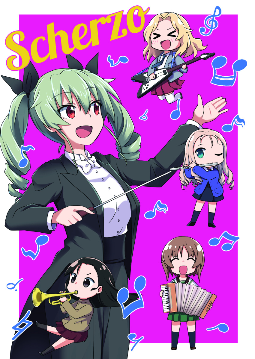 &gt;_&lt; :d absurdres accordion alternate_costume anchovy_(girls_und_panzer) asymmetrical_bangs bangs bc_freedom_school_uniform beamed_sixteenth_notes black_eyes black_hair black_jacket black_legwear black_neckwear black_ribbon black_skirt blazer blonde_hair blouse blue_eyes blue_sweater bow bowtie brown_hair brown_jacket cardigan chi-hatan_school_uniform chibi closed_eyes collared_blouse commentary_request cover cover_page cummerbund doujin_cover dress_shirt drill_hair eighth_note eighth_rest electric_guitar eyebrows_visible_through_hair flat_sign flute formal girls_und_panzer green_eyes green_hair green_skirt grey_jacket guitar hair_intakes hair_ribbon half_note high_collar highres holding holding_instrument instrument italian_text jacket jumping katakori_sugita kay_(girls_und_panzer) long_hair long_sleeves marie_(girls_und_panzer) miniskirt music musical_note necktie nishi_kinuyo nishizumi_miho one_eye_closed ooarai_school_uniform open_clothes open_jacket open_mouth outside_border playing_instrument pleated_skirt purple_background quarter_note red_eyes red_skirt ribbon saunders_school_uniform school_uniform serafuku shirt short_hair sixteenth_note skirt smile socks standing sweater thighhighs translation_request treble_clef trumpet twin_drills twintails white_blouse white_legwear white_neckwear white_shirt wing_collar