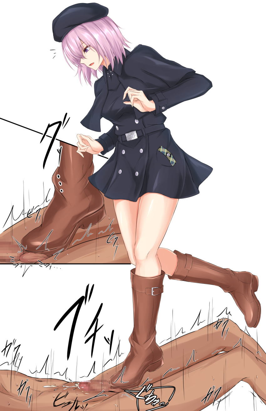 1boy 1girl bangs belt beret black_belt black_capelet black_dress black_headwear boots breasts brown_footwear capelet clothed_female_nude_male commentary_request dark_skin dark_skinned_male dress eyebrows_visible_through_hair fate/grand_order fate_(series) feet_out_of_frame femdom from_side full_body hair_between_eyes hat highres knee_boots long_sleeves looking_at_another looking_down lying mash_kyrielight medium_breasts nude on_back open_mouth penis pink_hair piro_(iiiiiiiiii) profile purple_eyes short_dress short_hair standing standing_on_one_leg thighs