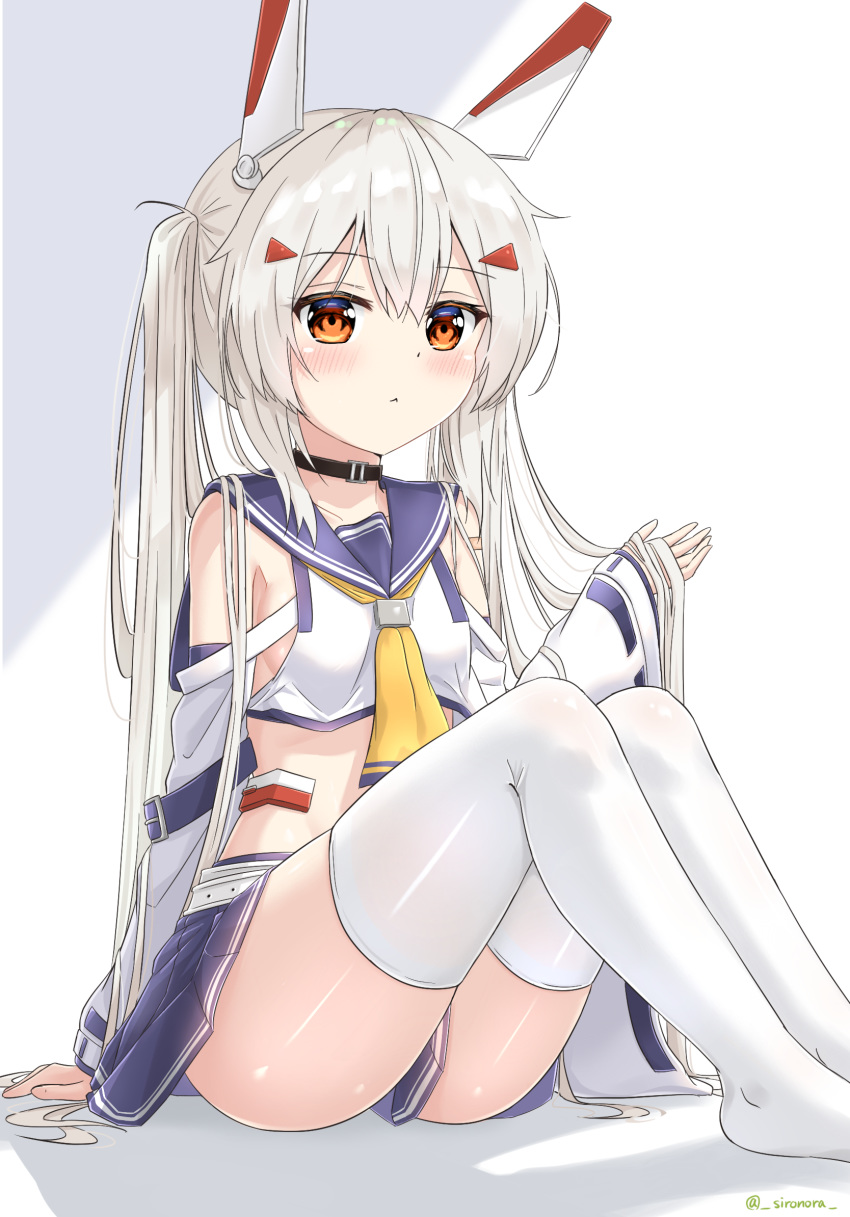 1girl alternate_hairstyle ayanami_(azur_lane) azur_lane belt blonde_hair blue_skirt blush commentary_request crop_top detached_sleeves feet_out_of_frame hair_between_eyes hand_up headgear highres knees_up long_hair looking_at_viewer midriff pleated_skirt red_eyes school_uniform serafuku simple_background sirono-ra0929 sitting skindentation skirt solo thighhighs thighs twintails very_long_hair white_background white_belt white_legwear