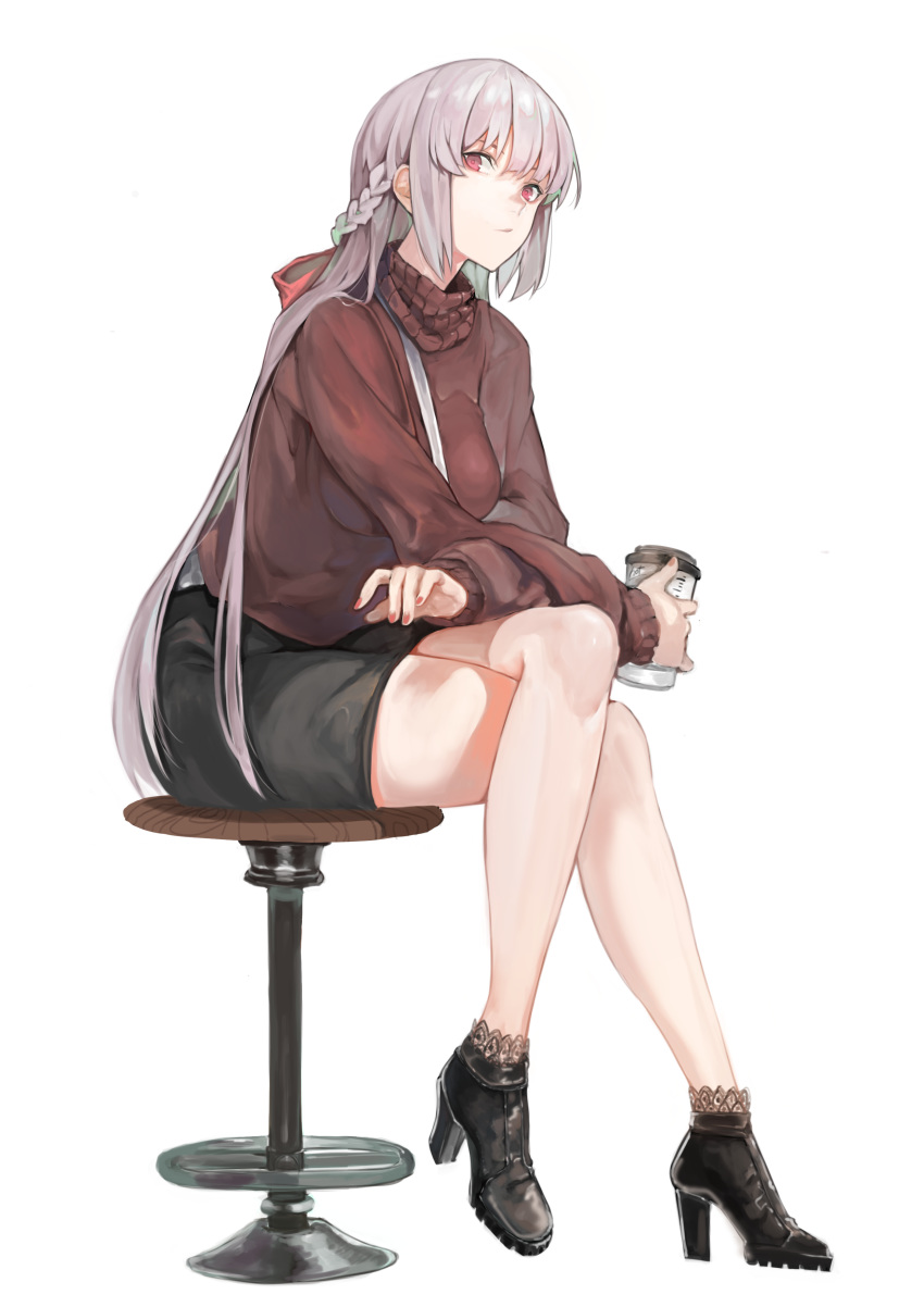 1girl absurdres black_skirt braid crossed_legs cup fate/grand_order fate_(series) florence_nightingale_(fate/grand_order) harutask high_heels highres holding holding_cup long_hair nail_polish red_eyes simple_background sitting skirt solo sweater