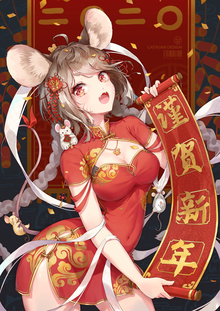 1girl :d absurdres animal animal_ears bangs bare_legs breasts brown_hair catxuan charm_(object) china_dress chinese_clothes chinese_new_year chinese_text chinese_zodiac cleavage cleavage_cutout commentary_request dress fangs hair_ornament hair_ribbon head_tilt highres holding holding_scroll looking_at_viewer medium_breasts medium_hair mouse mouse_ears necktie open_mouth original red_eyes ribbon smile solo standing year_of_the_rat