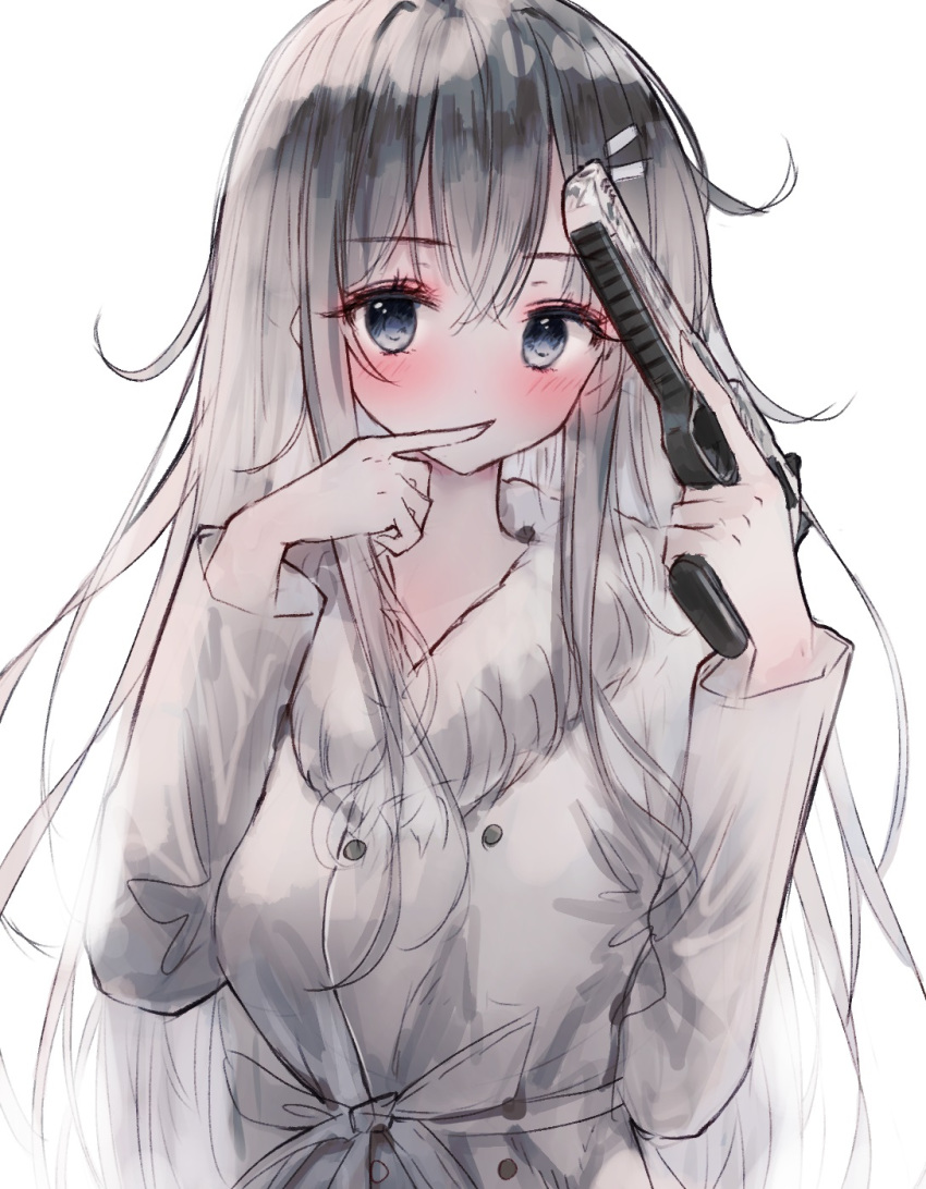 1girl bangs blush breasts coat commentary eyebrows_visible_through_hair finger_to_mouth fur-trimmed_coat fur_trim grey_eyes grey_hair gun hair_between_eyes hair_ornament hairclip handgun hands_up highres holding holding_gun holding_weapon long_hair long_sleeves looking_at_viewer original pistol simple_background small_breasts solo symbol_commentary tandohark upper_body very_long_hair weapon weapon_request white_background white_coat