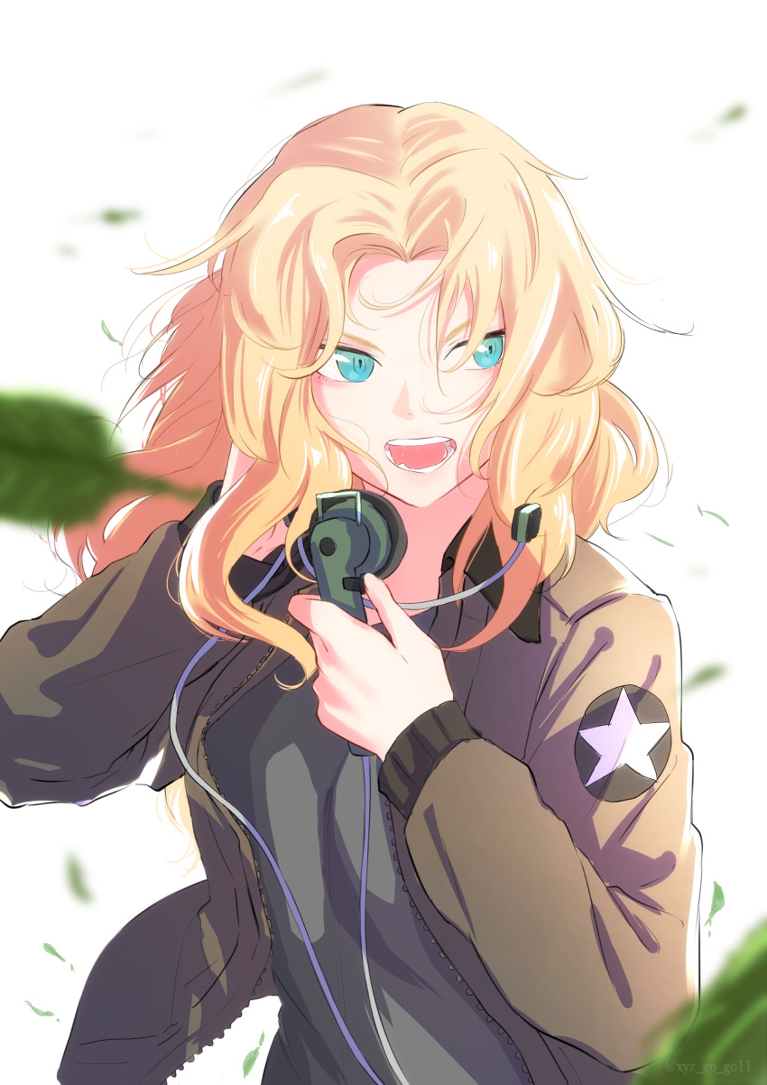 1girl absurdres blonde_hair blue_eyes blurry cowboy_shot depth_of_field girls_und_panzer headset highres jacket_on_shoulders kay_(girls_und_panzer) leaf long_hair open_mouth oze_(xyz_go_go11) saunders_military_uniform solo upper_body v-shaped_eyebrows white_background wind wind_lift