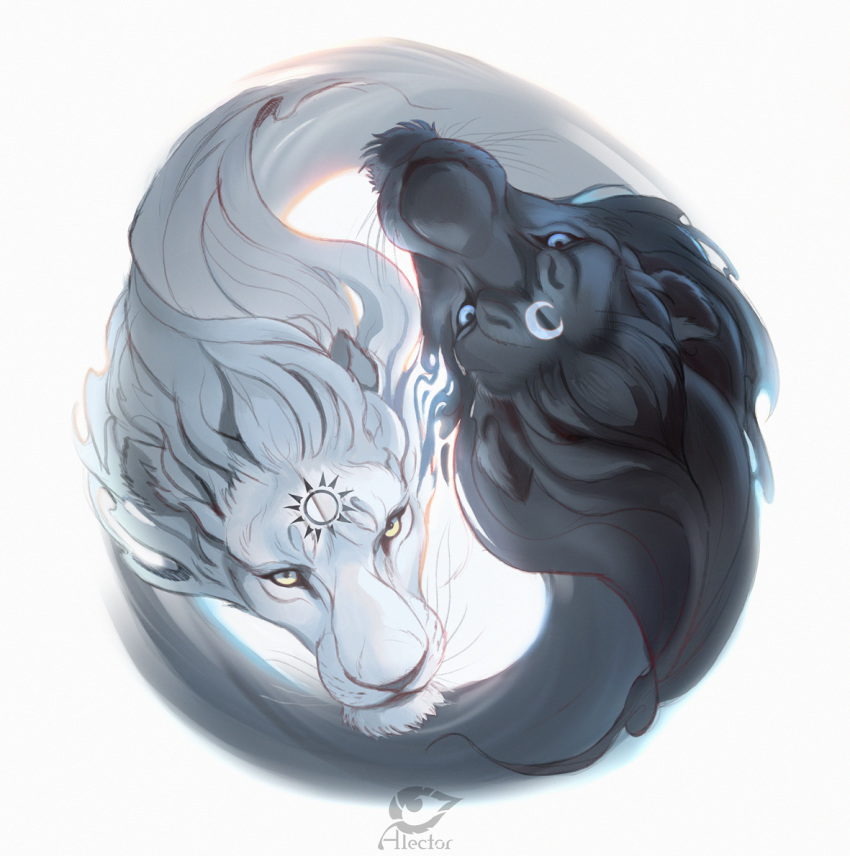 2020 alectorfencer black_body black_fur blue_eyes digital_media_(artwork) felid feline fur hair mammal simple_background white_background white_body white_fur white_hair yellow_eyes