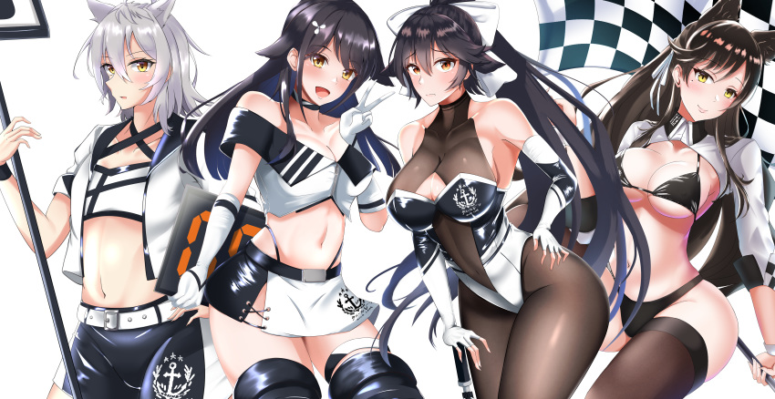4girls absurdres animal_ears atago_(azur_lane) azur_lane bandeau bangs bikini black_bikini black_hair black_legwear black_shorts bow breasts checkered checkered_flag choker choukai_(azur_lane) cleavage commentary_request core1013 extra_ears fingerless_gloves flag flat_chest gloves hair_between_eyes hair_flaps highleg highleg_panties highres huge_filesize large_breasts leotard long_hair looking_at_viewer maya_(azur_lane) mole mole_under_eye multiple_girls navel_cutout off-shoulder_shirt off_shoulder panties pantyhose ponytail race_queen ribbon shirt short_hair shorts shrug_(clothing) silver_hair simple_background swept_bangs swimsuit takao_(azur_lane) thighhighs two-tone_bikini two-tone_leotard underwear white_background white_bow white_gloves white_ribbon white_shirt yellow_eyes