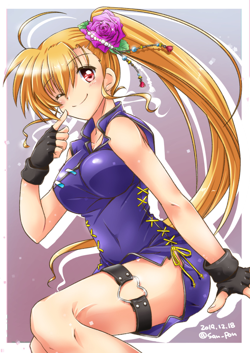 1girl ahoge bangs black_gloves blonde_hair blue_dress china_dress chinese_clothes closed_mouth commentary dated dress eyebrows_visible_through_hair fingerless_gloves flower gloves grey_background hair_flower hair_ornament heart heterochromia highres invisible_chair long_hair looking_at_viewer lyrical_nanoha mahou_shoujo_lyrical_nanoha_vivid one_eye_closed outside_border purple_flower purple_rose red_eyes rose san-pon short_dress side-tie_dress side_ponytail silhouette sitting sleeveless sleeveless_dress smile solo sparkle thigh_strap twitter_username very_long_hair vivio