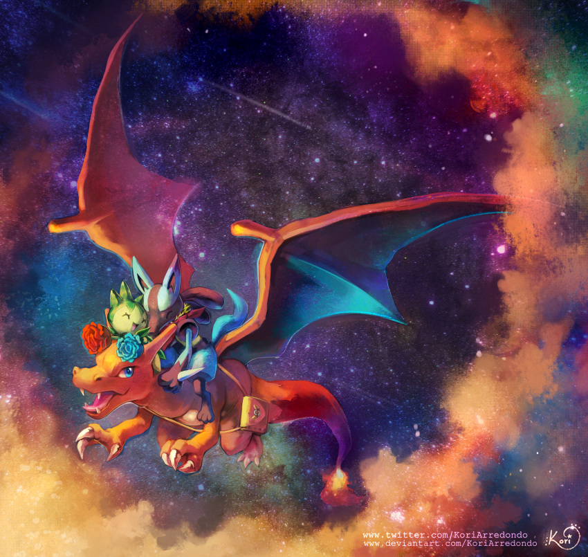 ambiguous_gender blue_eyes charizard claws cloud eyes_closed fire flying group hi_res koriarredondo lucario membrane_(anatomy) membranous_wings night nintendo open_mouth open_smile pok&eacute;mon pok&eacute;mon_(species) pok&eacute;mon_mystery_dungeon roselia signature sky smile spread_wings star starry_sky text url video_games wings