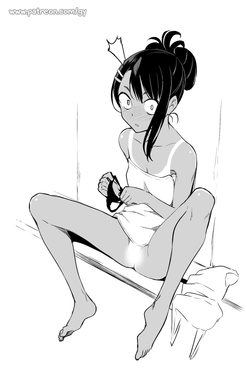 1girl alternate_hair_length alternate_hairstyle barefoot blush bottomless breasts caught censored changing_room constricted_pupils dark_skin dressing full-face_blush full_body g-string ghettoyouth hair_bun hair_ornament hairclip highres holding holding_panties ijiranaide_nagatoro-san nagatoro naked_towel one-piece_tan panties pussy sitting small_breasts solo spread_legs tan tanline thong toes towel underwear updo
