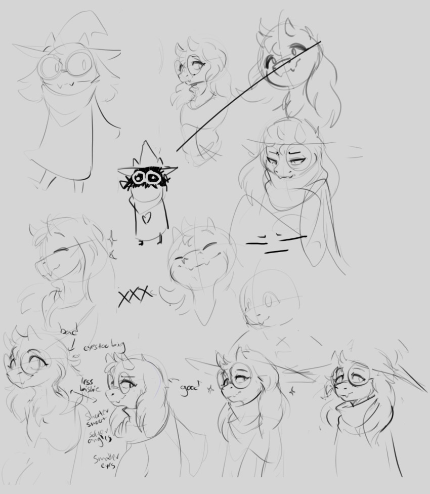 2018 bovid caprine clothing deltarune english_text eyewear facial_expressions girly glasses goat happy hat headgear headwear hi_res horn male mammal middry ralsei robe scarf simple_background sketch smile text video_games wizard_hat young