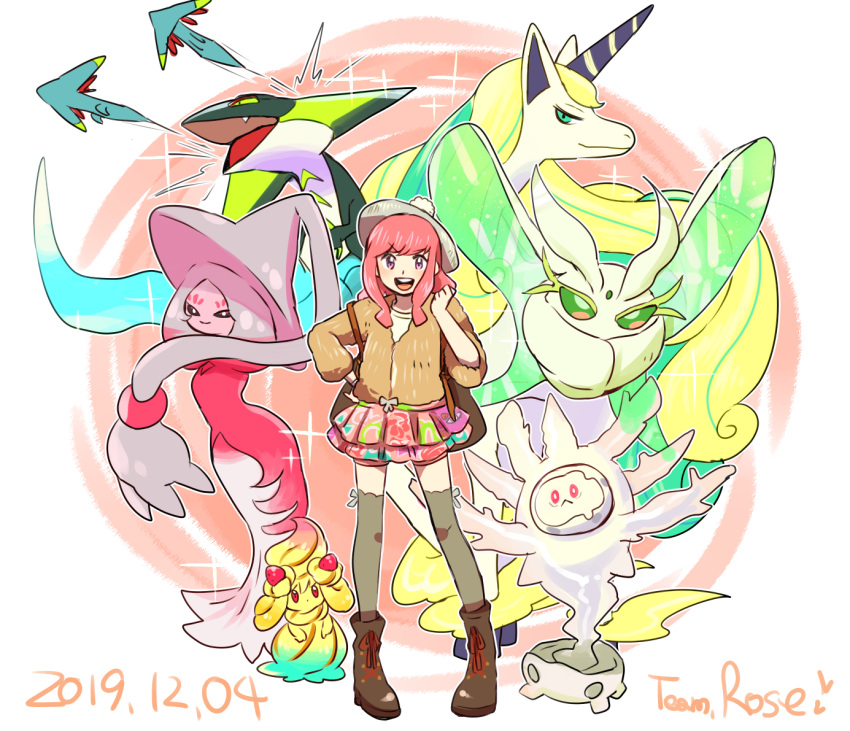 1girl alcremie alternate_color alternate_hair_color alternate_hairstyle boots creature cursola dated frosmoth full_body galarian_form galarian_rapidash gen_8_pokemon hat hatterene long_hair looking_at_viewer miniskirt mizuto_(o96ap) pokemon pokemon_(creature) pokemon_(game) pokemon_swsh skirt standing thighhighs toxtricity yuuri_(pokemon)
