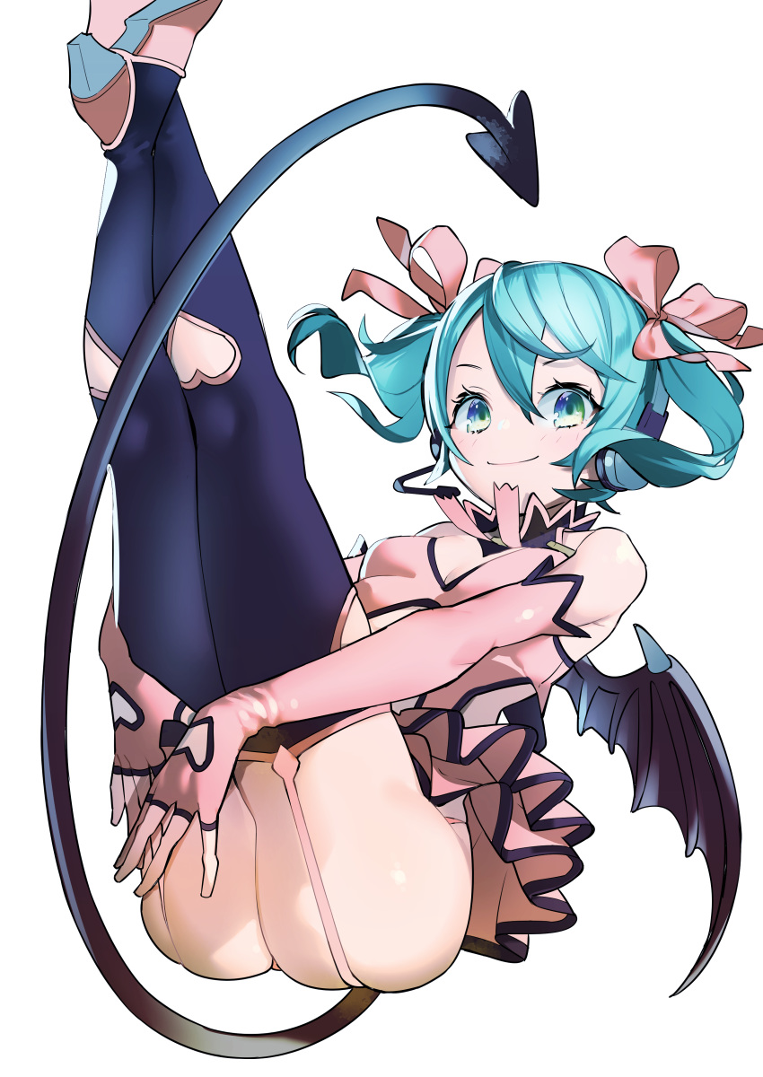 1girl absurdres alternate_hair_length alternate_hairstyle aqua_eyes aqua_hair ass bangs barefoot black_legwear black_wings blush breasts closed_mouth dress elbow_gloves fingerless_gloves garter_straps gloves hair_ribbon hatsune_miku headset heart_cutout heart_hunter_(module) high_heels highres leaning_back legs_up omucchan_(omutyuan) own_hands_together panties pantyshot pantyshot_(sitting) pink_dress pink_footwear pink_gloves pink_panties pink_ribbon project_diva_(series) ribbon short_dress short_hair short_twintails simple_background sitting sleeveless sleeveless_dress small_breasts smile solo tail thighhighs twintails underwear upskirt vocaloid white_background wings