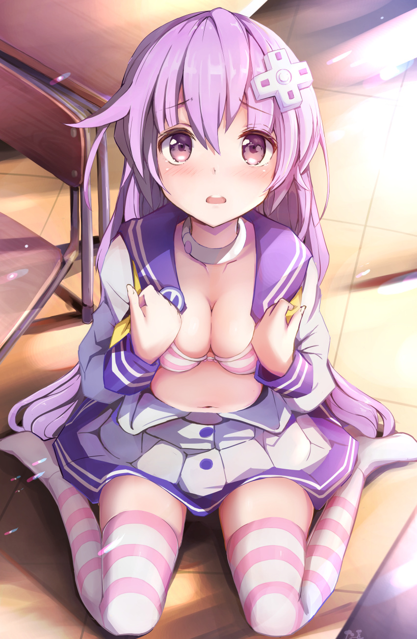 1girl absurdres blush bra breasts chair choker choujigen_game_neptune choujigen_game_neptune_mk2 classroom cleavage desk hair_ornament hands_on_own_chest highres indoors long_hair looking_at_viewer navel nepgear neptune_(series) on_floor open_clothes open_mouth open_shirt papion purple_eyes purple_hair school_uniform serafuku shirt sitting skirt solo striped striped_bra striped_legwear thighhighs underwear white_shirt white_skirt