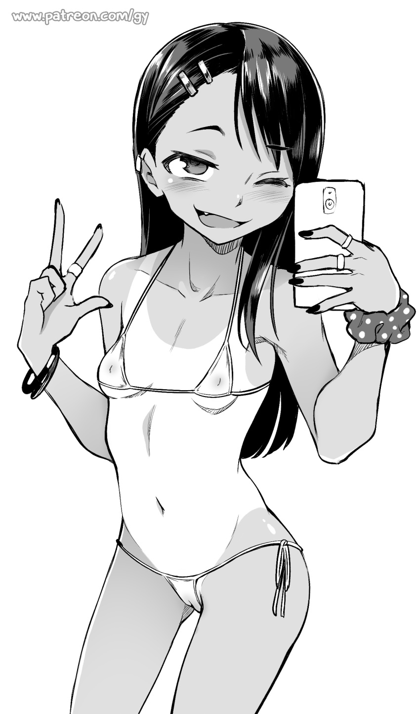 1girl ass_visible_through_thighs bangle bangs bikini blush bracelet breasts cameltoe cellphone collarbone covered_nipples dark_skin ear_clip fang ghettoyouth greyscale hair_ornament hairclip highres holding holding_cellphone holding_phone ijiranaide_nagatoro-san jewelry micro_bikini monochrome nagatoro nail_polish navel one-piece_tan phone ring scrunchie self_shot side-tie_bikini small_breasts smartphone solo standing swept_bangs swimsuit taking_picture tan tanline v wrist_scrunchie