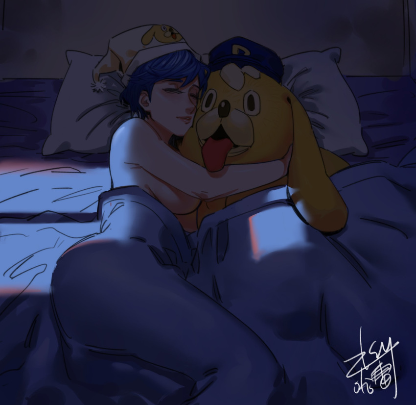 1girl astral_chain bed blue_hair breasts closed_eyes commentary_request haleileileilei hat highres hug lappy large_breasts marie_wentz mascot_costume naked_sheet night nightcap pillow short_hair sideboob sleeping solo