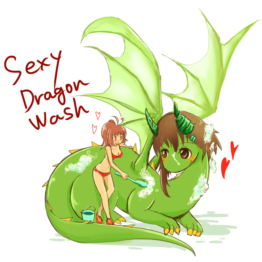 1:1 2015 bathing blush breasts brown_hair bucket claws clothed clothing dragon duo english_text female feral green_body green_horn green_tail green_wings hair hi_res horn human larger_feral mammal seirei simple_background size_difference smaller_female smaller_human text white_background wings yellow_claws