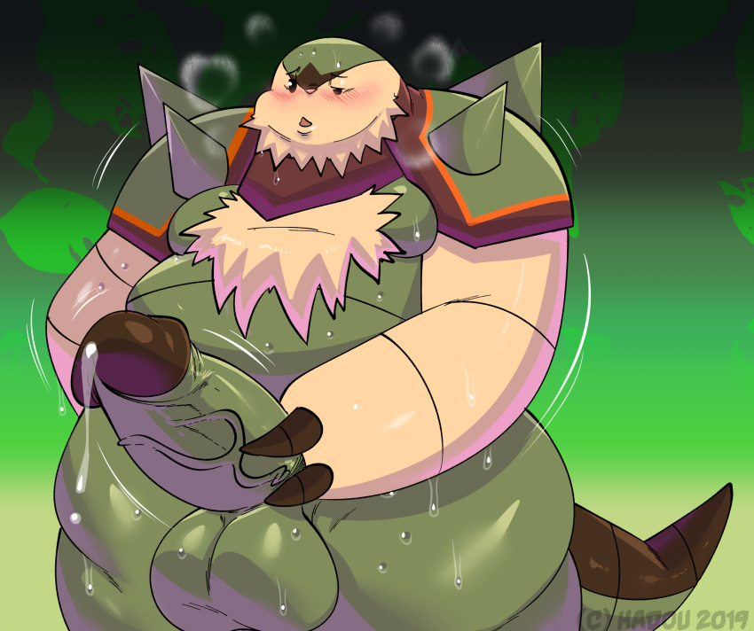 2019 balls belly big_belly big_penis blush bodily_fluids chesnaught chest_tuft claws digital_media_(artwork) erection fur genital_fluids genitals hi_res humanoid_penis male masturbation moobs nintendo nude obese open_mouth overweight overweight_male penis pok&eacute;mon pok&eacute;mon_(species) precum satsui-n0-had0u simple_background solo soulteam sweat thick_thighs tuft video_games