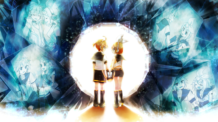 1boy 1girl backlighting bangs bare_shoulders bass_clef black_collar black_shorts black_sleeves blonde_hair blue_eyes bow closed_eyes collar commentary crop_top crystal detached_sleeves fortissimo haine_koko hair_bow hair_ornament hairclip hand_on_another's_shoulder hands_together headphones headset highres holding_hands kagamine_len kagamine_len_(append) kagamine_len_(vocaloid4) kagamine_rin kagamine_rin_(append) kagamine_rin_(vocaloid4) leg_warmers looking_at_another midriff nail_polish necktie open_mouth sailor_collar school_uniform shadow shirt short_hair short_ponytail short_shorts short_sleeves shorts shoulder_tattoo sleeveless sleeveless_shirt smile spiked_hair standing swept_bangs tattoo treble_clef v4x vocaloid vocaloid_append white_bow white_shirt wide_shot yellow_nails
