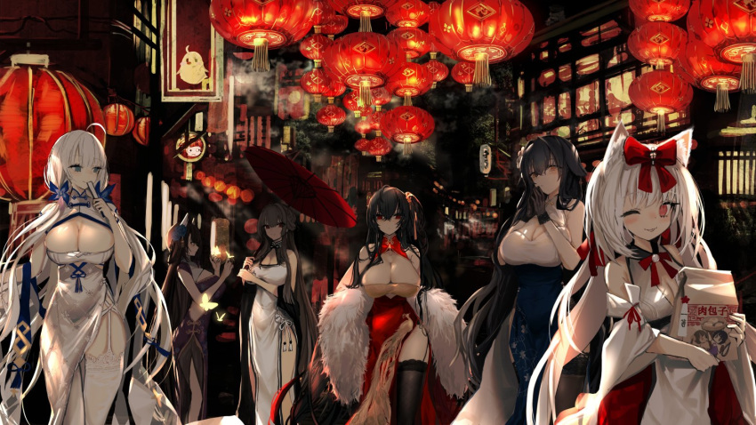 6+girls animal_ears azuma_(azur_lane) azuma_(soft_voice_of_spring)_(azur_lane) azur_lane black_hair blue_eyes bow breasts cat_ears chibi cleavage commentary_request dress graf_zeppelin_(azur_lane) hair_bow hair_ornament hiei_(azur_lane) hiei_(fragrant_red_plum)_(azur_lane) illustrious_(azur_lane) illustrious_(maiden_lily's_radiance)_(azur_lane) large_breasts long_hair looking_at_viewer manjuu_(azur_lane) multiple_girls mutsuki_(azur_lane) mutsuki_face naruwe official_art one_eye_closed red_bow red_eyes smile swiftsure_(azur_lane) taihou_(azur_lane) taihou_(phoenix's_spring_song)_(azur_lane) umbrella when_you_see_it white_hair yukikaze_(azur_lane) yukikaze_(winter's_snowy_wind)_(azur_lane)