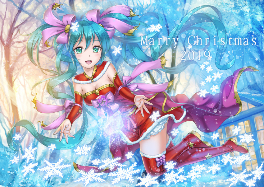 1girl 2019 :d aqua_eyes bangs blue_hair blurry blurry_background blush boots breasts cleavage crazypen detached_sleeves english_text engrish_text eyebrows_visible_through_hair floating_hair fur-trimmed_skirt fur_boots hair_between_eyes hatsune_miku long_hair long_sleeves looking_at_viewer medium_breasts merry_christmas miniskirt open_mouth outdoors ranguage red_footwear red_skirt red_sleeves shiny shiny_hair skirt smile snowflakes solo strapless thigh_boots thighhighs tree very_long_hair vocaloid zettai_ryouiki