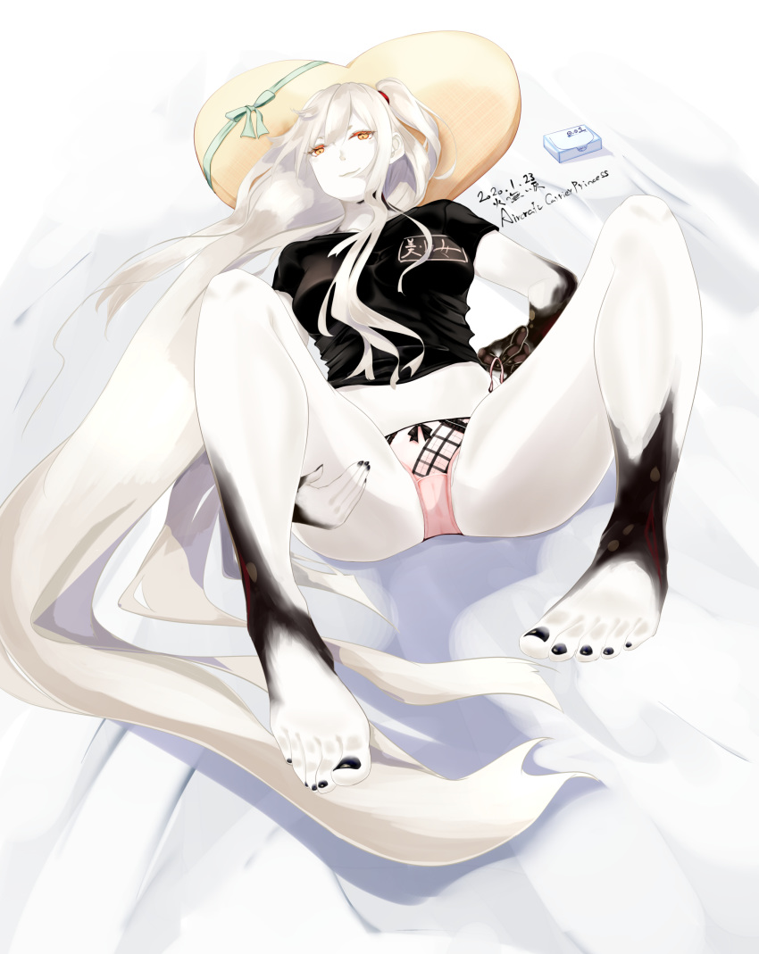 1girl absurdres aircraft_carrier_hime alternate_costume barefoot black_shirt blush breasts closed_mouth hair_between_eyes hair_ornament heart heart_pillow highres kantai_collection large_breasts long_hair looking_at_viewer lying on_back panties pillow pink_panties shirt side_ponytail smile solo spread_legs underwear velchi very_long_hair white_hair white_skin yellow_eyes