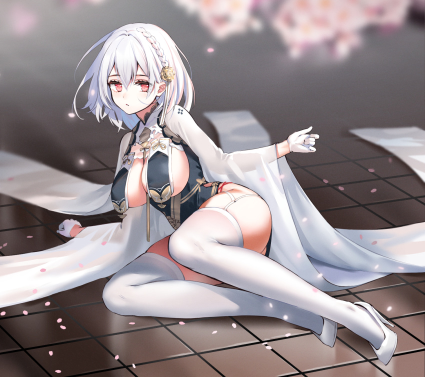 1girl alternate_costume arm_support azur_lane bangs black_dress blurry blurry_background braid breasts cherry_blossoms closed_mouth dress eyelashes foreshortening garter_straps gloves hair_between_eyes hair_ornament high_heels highres kiyosato0928 large_breasts light_frown long_legs looking_at_viewer lying no_bra on_floor on_side outstretched_arm petals red_eyes revealing_clothes see-through_sleeves short_hair sirius_(azur_lane) sirius_(azure_horizons)_(azur_lane) solo thick_thighs thighs tile_floor tiles white_footwear white_gloves white_hair wide_sleeves