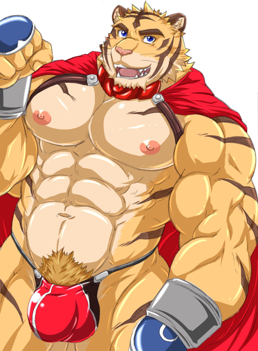 abs anthro biceps blue_eyes build_tiger build_tiger_(character) cape clothing felid fur hi_res male mammal multicolored_body multicolored_fur muscular muscular_male nipples orange_body orange_fur pantherine pecs pubes simple_background solo striped_body striped_fur stripes tan_body tan_fur tiger two_tone_body two_tone_fur wasabimayo white_background