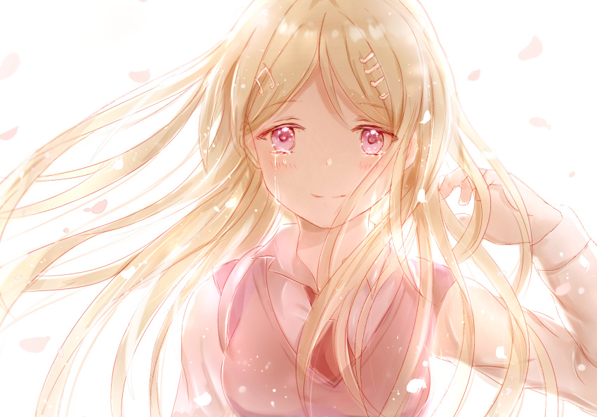 1girl ahoge akamatsu_kaede blonde_hair commentary_request crying crying_with_eyes_open danganronpa floating_hair hand_in_hair highres iceblue long_hair looking_at_viewer musical_note_hair_ornament necktie new_danganronpa_v3 petals pink_eyes red_neckwear revision school_uniform shirt simple_background smile solo tears upper_body very_long_hair white_background white_shirt