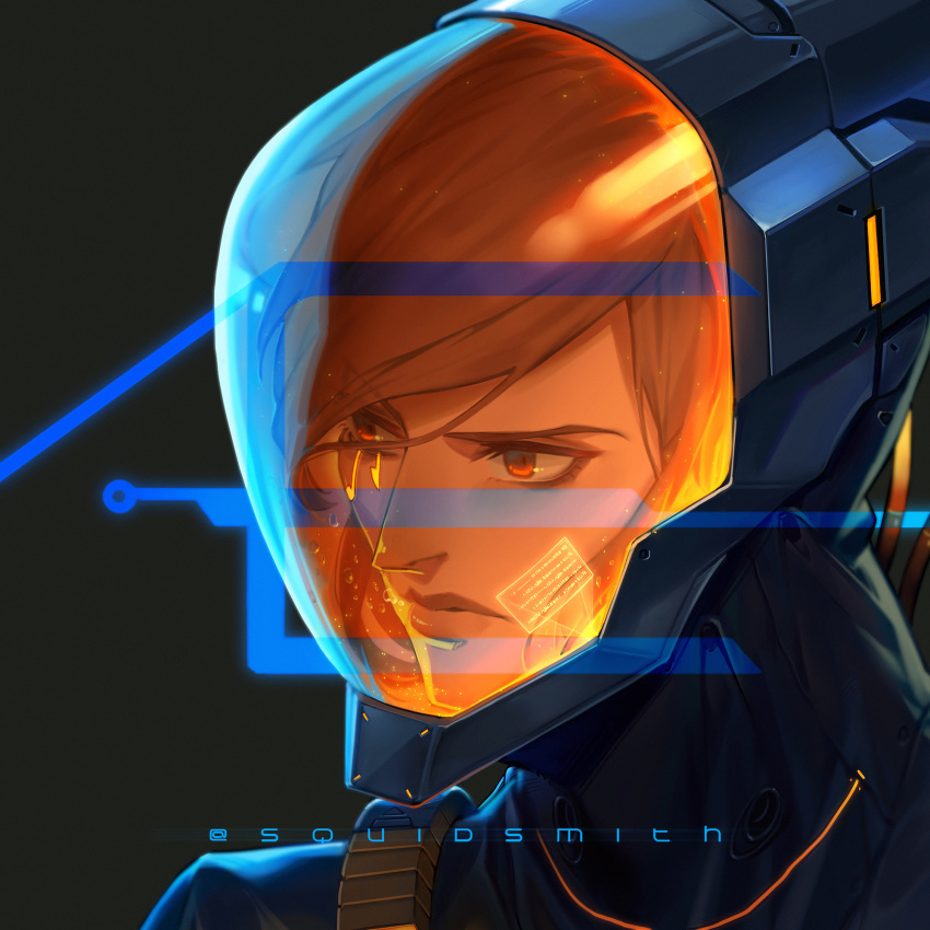 1girl black_hair brown_eyes bubble cyberpunk cyberpunk_2077 dark_skin eye_of_horus facial_tattoo helmet highres hologram holographic_monitor lips neon_trim nose overwatch pharah_(overwatch) portrait solo squidsmith tattoo