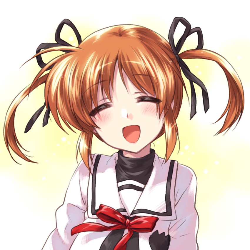 1girl :d bangs black_ribbon black_shirt brown_hair closed_eyes commentary dress eyebrows_visible_through_hair facing_viewer hair_ribbon highres kuroi_mimei long_sleeves lyrical_nanoha mahou_shoujo_lyrical_nanoha neck_ribbon open_mouth portrait red_neckwear ribbon sailor_dress school_uniform seishou_elementary_school_uniform shirt short_hair smile solo takamachi_nanoha twintails white_dress