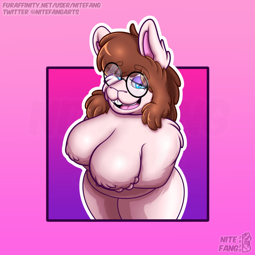 1:1 anthro bedroom_eyes belly big_breasts biped blue_eyes breasts brown_hair eyeshadow eyewear female fur glasses hair hi_res holding_breast huge_breasts lagomorph leporid makeup mammal narrowed_eyes naturally_censored nichole_(nitefang) nipple_tuft nitefang overweight overweight_female rabbit seductive solo thick_thighs tuft white_body white_fur wide_hips