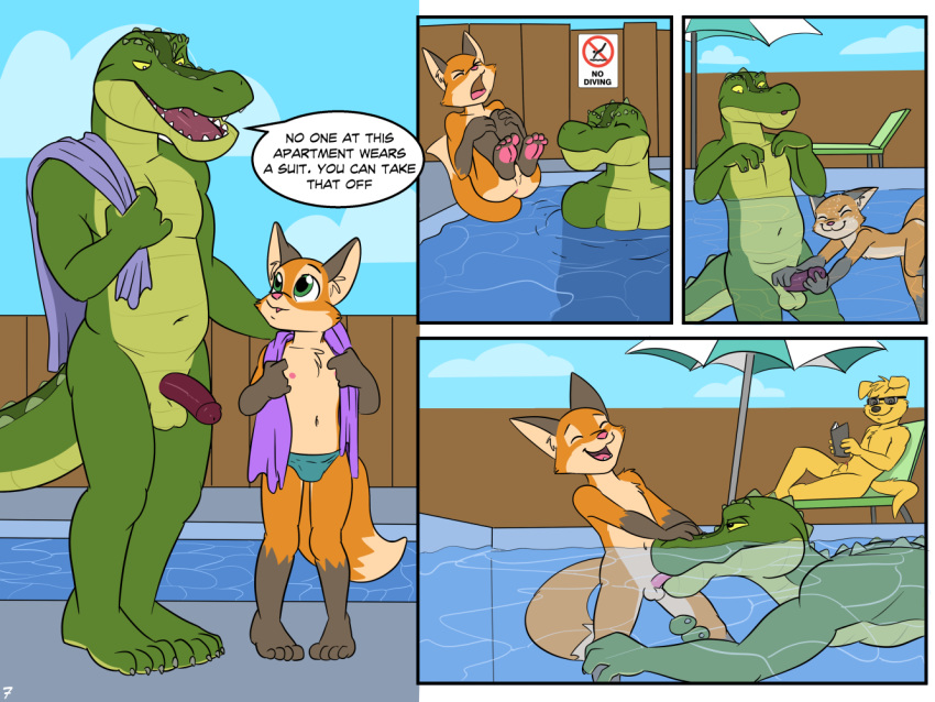 4:3 age_difference alligator alligatorid animal_genitalia anthro balls belly big_belly canid canine clothing comic compfive crocodilian cub digital_media_(artwork) duo fox genitals gus_the_gator humanoid_penis kyle_the_fox licking looking_pleasured male male/male mammal mature_male moan musclegut penis penis_tip reptile scalie sheath size_difference slightly_chubby swimming_pool tongue tongue_out towel underwear water young