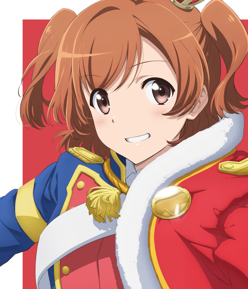 1girl absurdres aiguillette aijou_karen brown_eyes brown_hair crown crown_hair_ornament epaulettes grin highres jacket_on_shoulders key_visual looking_at_viewer medium_hair mini_crown official_art portrait shoujo_kageki_revue_starlight simple_background smile solo two_side_up upper_body