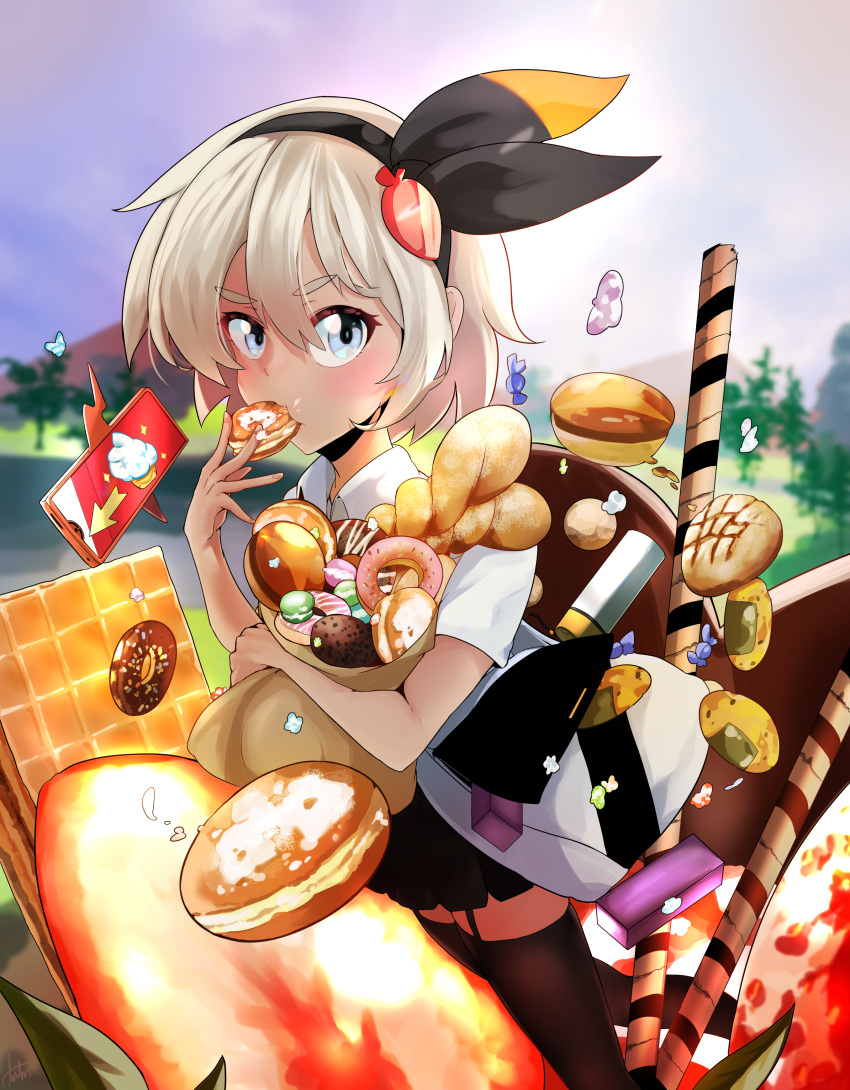 1girl absurdres black_legwear black_skirt blue_eyes blush doughnut eating food hairband highres lahnshoong looking_at_viewer platinum_blonde_hair poffin pokemon pokemon_(game) rotom_phone saitou_(pokemon) short_hair skirt