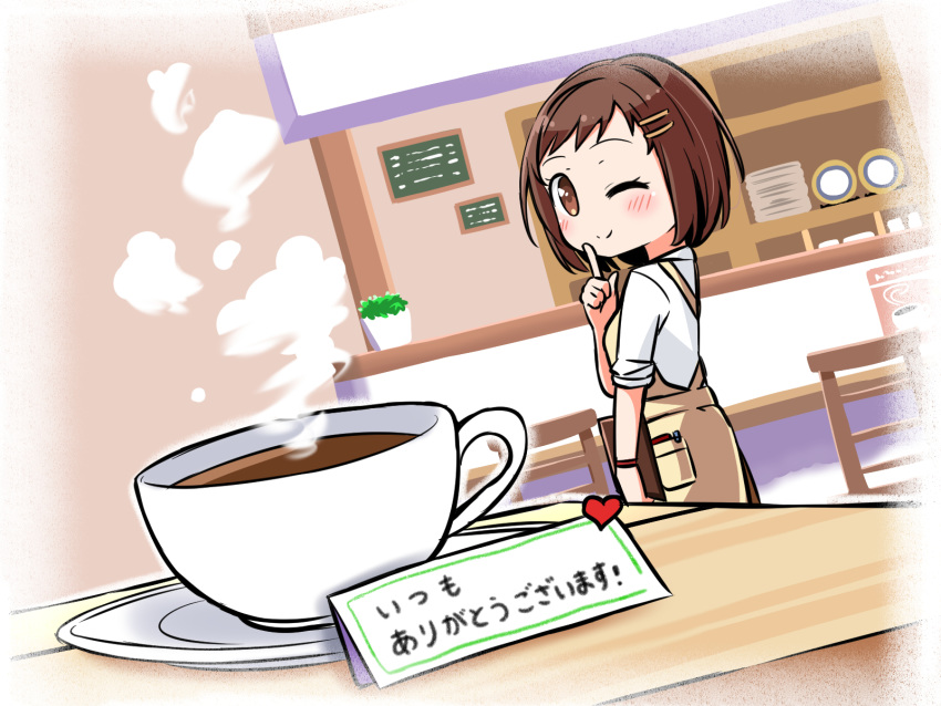 1girl ;) apron bang_dream! bangs blush brown_eyes brown_hair cafe chair coffee coffee_mug commentary_request cup cupboard dutch_angle facing_viewer hair_ornament hairclip hazawa_tsugumi highres index_finger_raised indoors kyou_(user_gpks5753) menu_board mug one_eye_closed plant plate potted_plant shirt short_hair sleeves_rolled_up smile steam table translation_request white_shirt