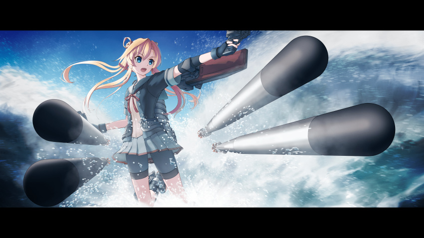 1girl absurdres abukuma_(kantai_collection) bangs bike_shorts black_gloves black_jacket blonde_hair blue_eyes blue_sky blush buttons cannon commentary_request day double_bun eyebrows_visible_through_hair gloves grey_sailor_collar grey_skirt hair_between_eyes hair_rings highres jacket kantai_collection letterboxed long_hair looking_to_the_side machinery neck_ribbon ocean open_mouth outdoors partly_fingerless_gloves pleated_skirt rankebu red_ribbon remodel_(kantai_collection) ribbon rigging sailor_collar school_uniform serafuku shoes short_sleeves shorts shorts_under_skirt skirt sky splashing torpedo turret water