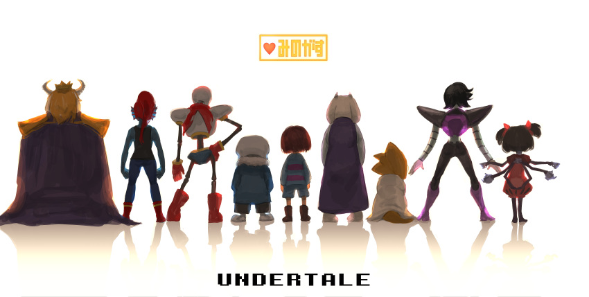 1other 4boys 4girls absurdres alphys ambiguous_gender arms_behind_back asgore_dreemurr bandana bare_shoulders barefoot black_footwear black_hair black_shirt black_shorts blonde_hair blue_jacket blue_pants blue_shirt blue_shorts blue_skin boots bow brown_hair cape clenched_hands commentary_request copyright_name crown cup dress english_text extra_arms fins frisk_(undertale) fur-trimmed_jacket fur_trim furry gloves hair_bow hand_on_hip hands_in_pockets hands_up heart highres holding horns jacket kashu_(hizake) knee_boots labcoat legs_apart long_hair long_sleeves mettaton muffet multiple_boys multiple_girls pants papyrus_(undertale) ponytail puffy_short_sleeves puffy_sleeves purple_cape purple_dress purple_footwear raglan_sleeves red_bow red_footwear red_gloves red_hair red_jumpsuit red_neckwear reflection robot sans shirt short_hair short_jumpsuit short_sleeves short_twintails shorts simple_background skeleton sleeveless sleeveless_shirt slippers striped striped_shirt tail teacup teapot tied_hair toriel translation_request twintails undertale undyne white_background white_coat white_footwear yellow_headwear