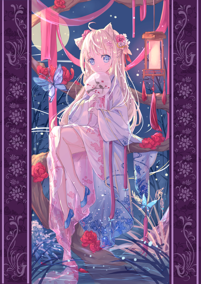 1girl absurdres ahoge animal_ear_fluff animal_ears blonde_hair blue_eyes blue_footwear blush bug butterfly cat_ears closed_mouth commentary_request dress fan floral_print flower full_moon hair_flower hair_ornament highres holding holding_fan insect lantern long_hair long_sleeves looking_at_viewer moon open_clothes original paper_fan peas_(peas0125) pink_flower print_dress red_flower red_ribbon red_rose ribbon rose shoes sitting smile solo tree_branch uchiwa very_long_hair water white_dress white_flower wide_sleeves