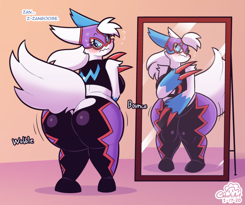 2020 anthro big_breasts big_butt blush breasts butt claws clothed clothing cobat female fur huge_butt mammal mirror nintendo pok&eacute;mon pok&eacute;mon_(species) shiny_pok&eacute;mon solo thick_thighs video_games white_body white_fur wide_hips zangoose