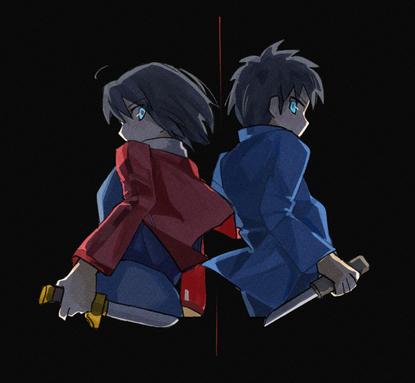 1boy 1girl back-to-back black_background black_hair blue_eyes bomber_jacket cropped_jacket dagger gakuran highres holding holding_knife holding_weapon jacket japanese_clothes kara_no_kyoukai kimono knife long_sleeves looking_at_viewer looking_back melty_blood obi over_shoulder red_jacket ryougi_shiki sash school_uniform short_hair sost_fgo switchblade toono_shiki tsukihime type-moon weapon