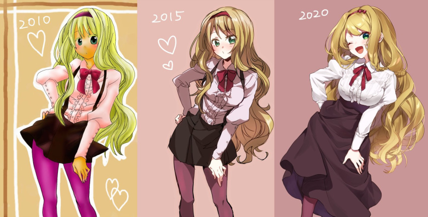 1girl ;d artist_progress bangs blonde_hair blush bow breasts brown_background brown_legwear brown_skirt center_frills closed_mouth collared_shirt colored_eyelashes commentary_request eyebrows_visible_through_hair frills green_eyes hair_bow hairband heart high-waist_skirt juliet_sleeves large_breasts long_hair long_sleeves looking_at_viewer multiple_views neck_ribbon one_eye_closed open_mouth original outline pantyhose pleated_skirt puffy_sleeves purple_legwear red_bow red_hairband red_ribbon ribbon shirt skirt smile suspender_skirt suspenders very_long_hair wavy_hair white_outline white_shirt yamabukiiro