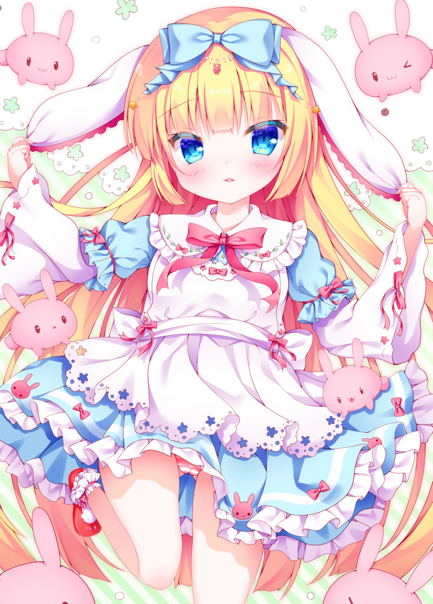 &gt;_o 1girl :3 animal animal_ears apron ass_visible_through_thighs bangs blonde_hair blue_bow blue_dress blue_eyes blush bow bunny bunny_ears cameltoe closed_mouth collared_dress commentary_request diagonal-striped_background diagonal_stripes dress ear_grab eyebrows_visible_through_hair fuxiyu hair_bow highres long_hair long_sleeves one_eye_closed original panties parted_lips pink_bow puffy_short_sleeves puffy_sleeves red_footwear shoes short_over_long_sleeves short_sleeves socks solo standing standing_on_one_leg striped striped_background striped_panties underwear very_long_hair white_apron white_legwear wide_sleeves