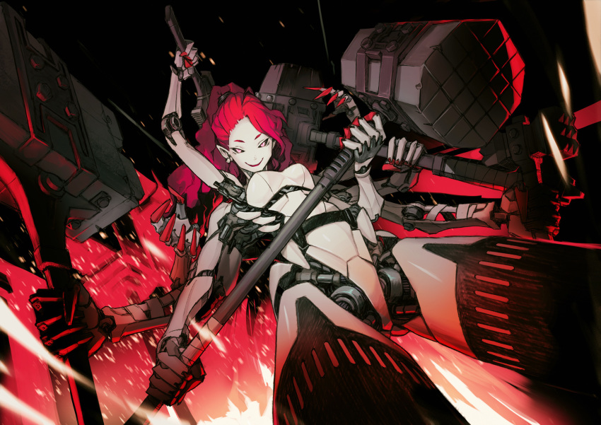 1girl black_sclera building cyborg earrings embers extra_arms fire hammer highres holding holding_hammer holding_weapon jewelry long_hair nc_empire_(circle) original parted_lips pink_eyes pointy_ears ponytail red_hair single_earring smile solo weapon