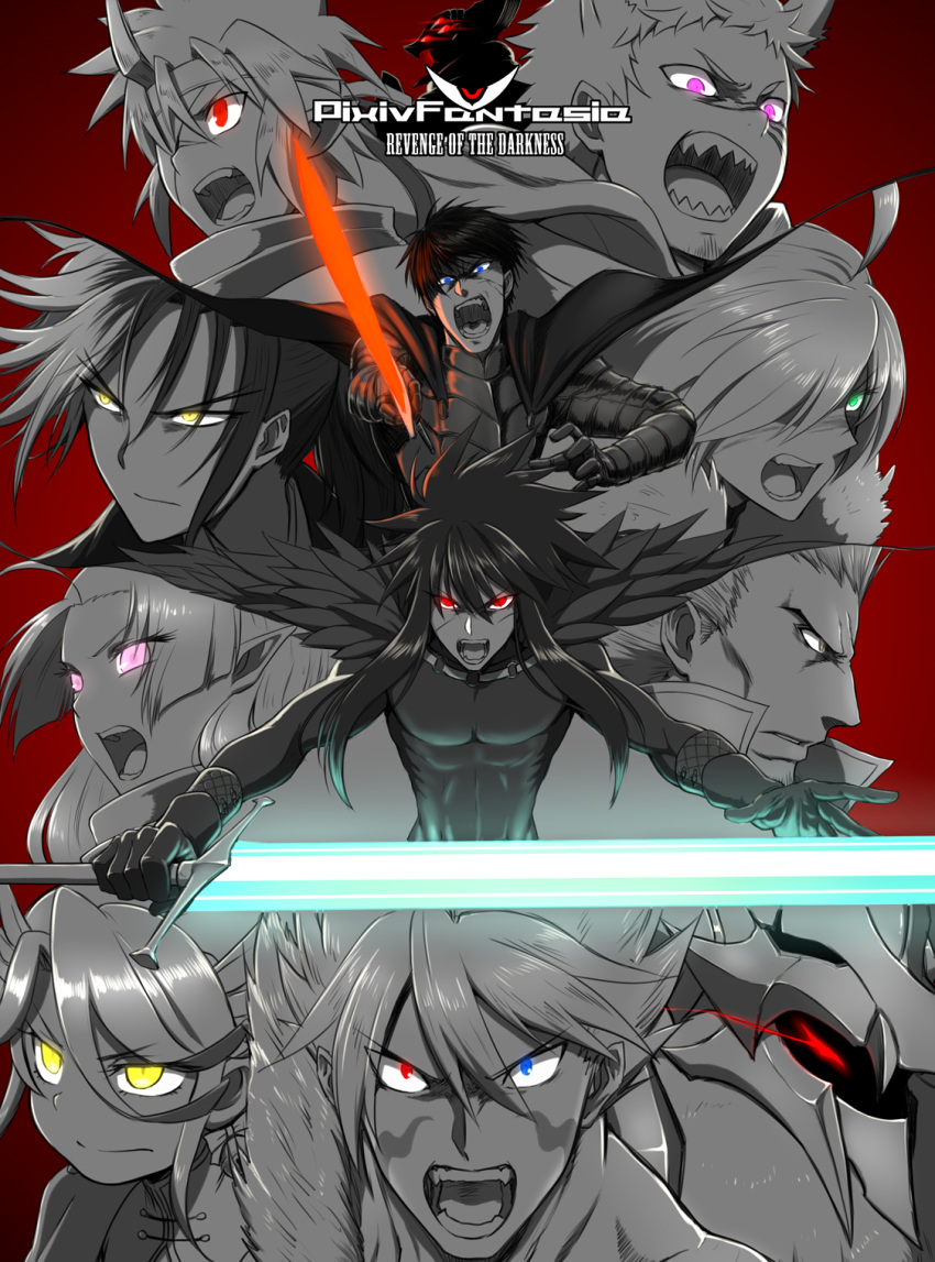 3girls 6+boys ahoge akimaru armor blue_eyes cape closed_mouth facial_hair facial_mark facial_scar fur_trim gloves glowing glowing_eyes glowing_weapon green_eyes grey_eyes hair_between_eyes hair_over_one_eye helmet heterochromia highres holding holding_sword holding_weapon monochrome multicolored multicolored_hair multiple_boys multiple_girls open_mouth parted_lips pink_eyes pixiv_fantasia pixiv_fantasia_revenge_of_the_darkness pointy_ears ponytail purple_eyes red_background red_eyes scar screaming sharp_teeth simple_background sword teeth tongue weapon yellow_eyes
